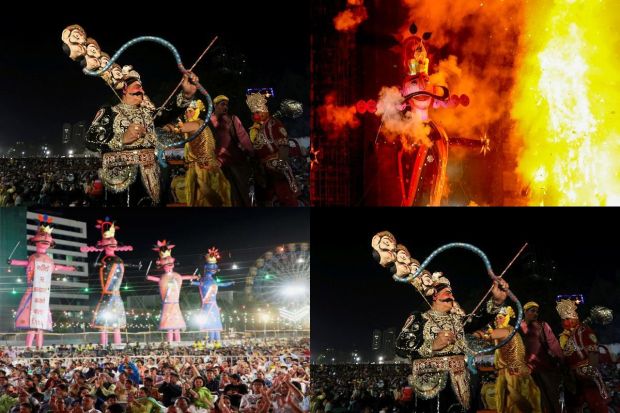 Dussehra or the 10th day marks the end of the nine nights of Navratri, is celebrated in the Hindu calendar month of Ashvin or Kartik. This day commemorates Lord Ram's triumph over the malevolent King Ravana, which is why, on the evening of Dussehra, enormous effigies representing the demon king Ravana are set ablaze, symbolizing the victory of righteousness over wickedness. This year, the festival is celebrated on Tuesday (October 24, 2023). Let's take a glimpse on how India observed the ritual of Ravan Dahan. (Photo: PTI)