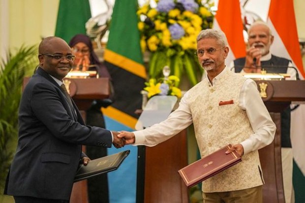 External Affairs Minister S Jaishankar and Tanzanian Minister Kitila Mkumbo exchange agreements signed by PM Modi and President Hassan. (PTI)