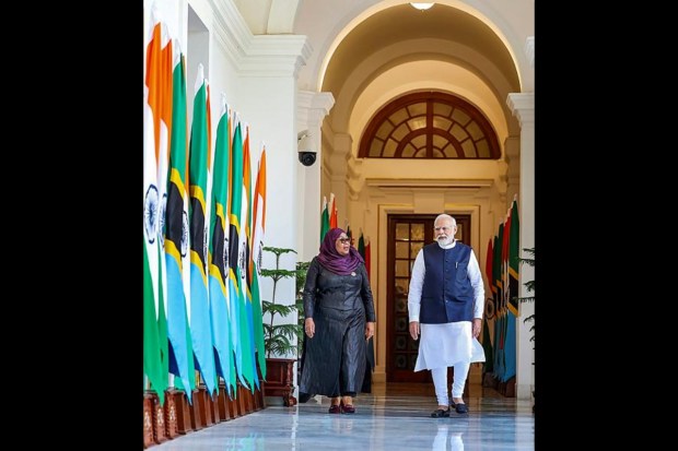 Prime Minister Narendra Modi with President of Tanzania Samia Suluhu Hassan before their meeting at the Hyderabad House on October 9 in New Delhi. (PTI)