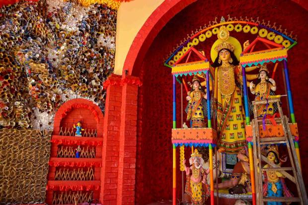 A community puja pandal being prepared ahead of Durga Puja festival, in Kolkata. (PTI Photo)