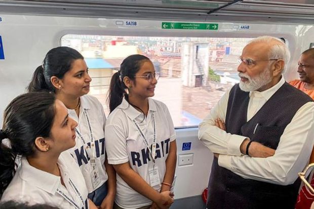 Narendra Modi aboard the Regional Rapid train 'Namo Bharat' connecting Sahibabad and Duhai Depot stations on the Delhi-Meerut RRTS Corridor after flagging it off in Sahibabad. (PTI Photo)