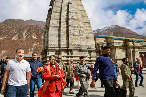 Congress leader Rahul Gandhi returned to Delhi after a three-day tour of Kedarnath Dham. He was accompanied by several Congress leaders and workers.(PTI Photo)