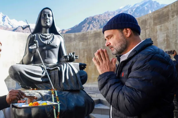 Congress leader Rahul Gandhi visits the 'Samadhi Sthal' of Adi Guru Shankaracharya at Kedarnath. (PTI Photo)