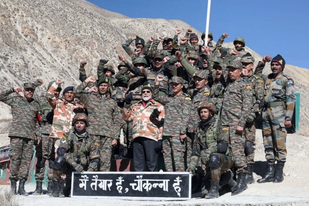 Prime Minister Narendra Modi during Diwali celebrations with security forces in Lepcha. (PTI Photo)