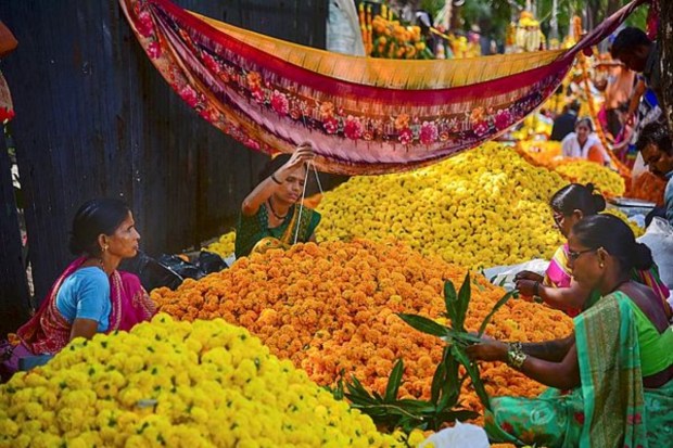 Flowers being sold ahead of the Diwali celebration in Navi Mumbai on November 11. (Image: PTI)