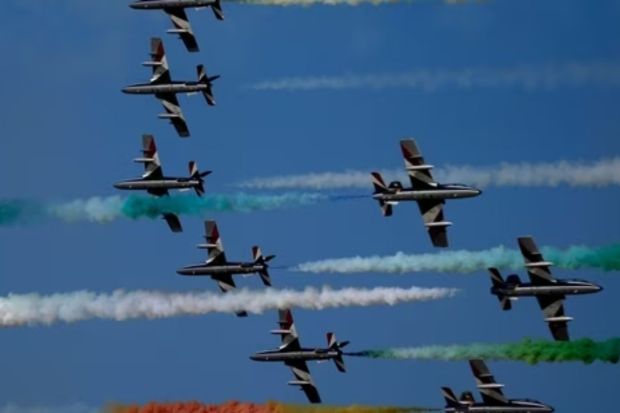Frecce Tricolori (Tricolor Arrows), the Italian Air Force aerobatic display team, perform during the opening day of the Dubai Air Show, United Arab Emirates, Monday.(AP)