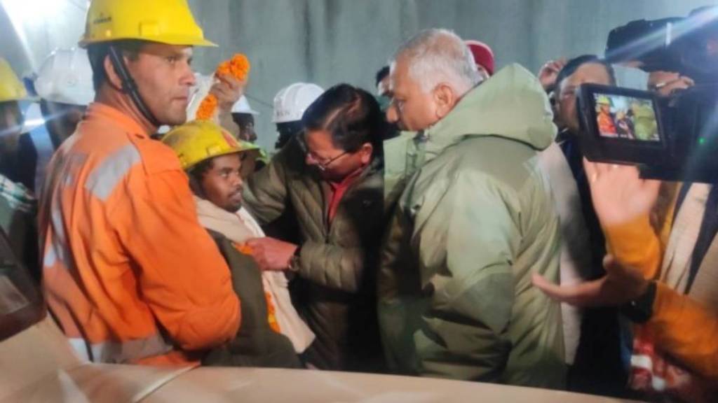 Uttarakhand Chief Minister Pushkar Singh Dhami meets with the workers who had been rescued from the Silkyara tunnel.