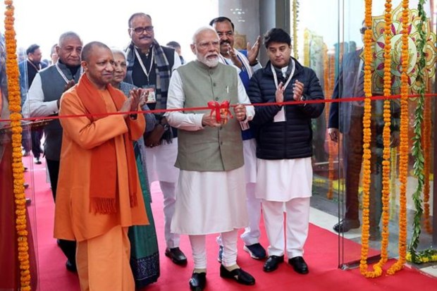 Prime Minister Narendra Modi with Uttar Pradesh Governor Anandiben Patel, Chief Minister Yogi Adityanath, Deputy Chief Minister Keshav Prasad Maurya, Union Civil Aviation Minister Jyotiraditya Scindia and Union Minister of State for Civil Aviation VK Singh inaugurates Maharshi Valmiki International Airport in Ayodhya on December 30. (Image: PTI)