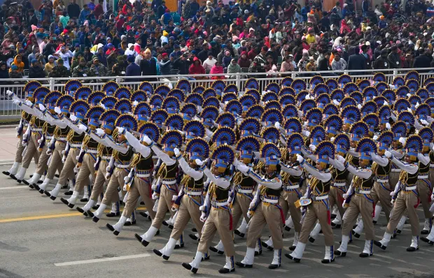 Women personnel of Central Reserve Police Force during the full dress rehearsal for the Republic Day Parade 2024 at the Kartavya Path. (PTI)