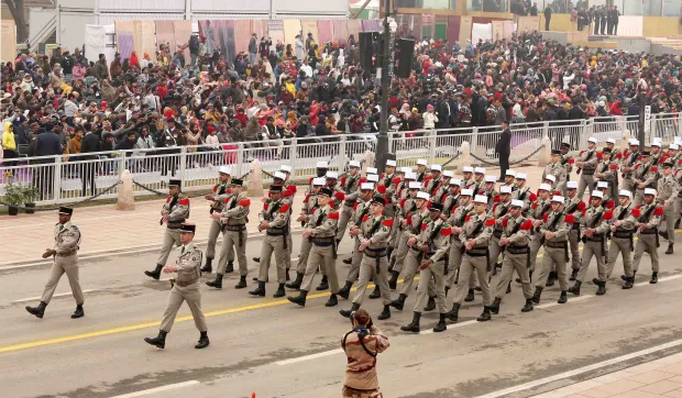 French contingent marches past during full dress rehearsal for the Republic Day Parade 2024 at the Kartavya Path. (Ministry of Defence)