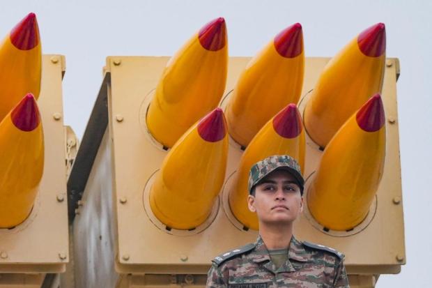 Defence Research and Development Organisation (DRDO)'s Pinaka missile system on display during a rehearsal for the Republic Day Parade 2024. (Image: PTI)