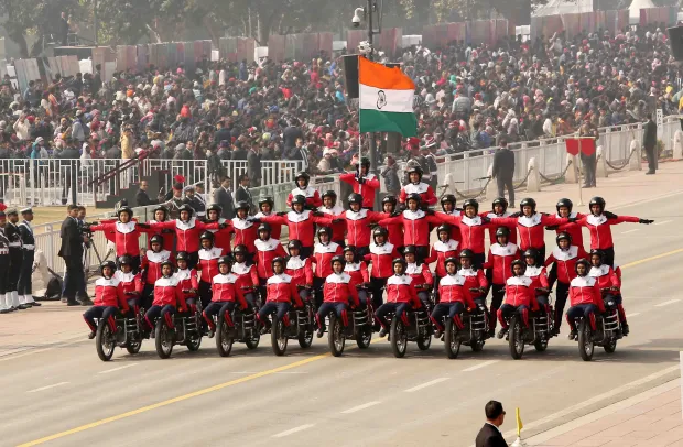 CRPF women Dare Devils perform during full dress rehearsal for the Republic Day Parade 2024. (PTI)