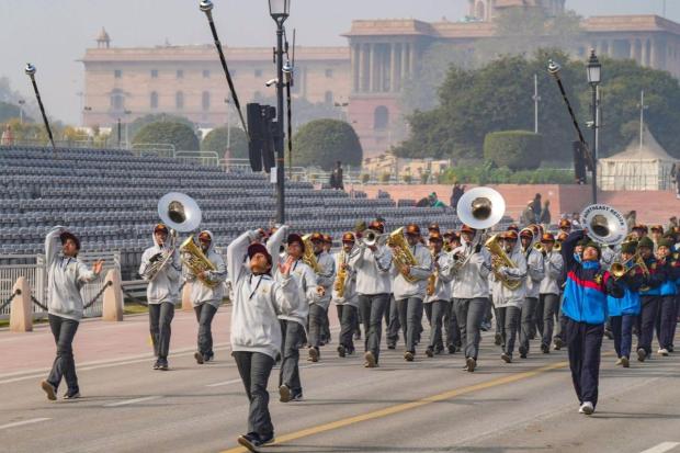 NCC cadets during rehearsals for the upcoming Republic Day Parade at the Kartavya Path. (Image: PTI)