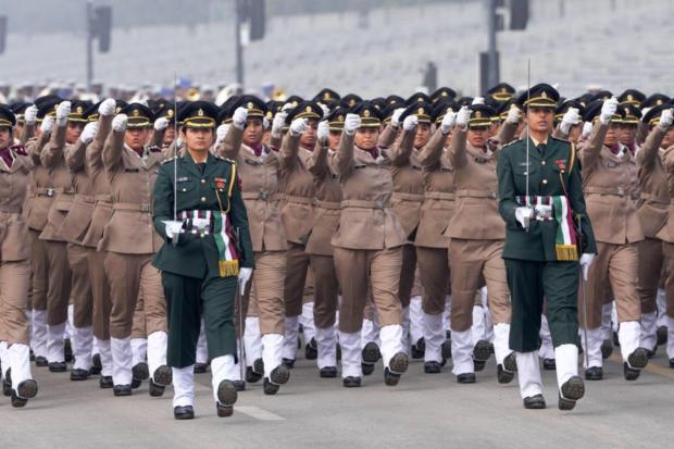 Women personnel of Armed Forces Medical Services (AFMS) during rehearsal for the Republic Day Parade 2024 at the Kartavya Path. (Image: PTI)