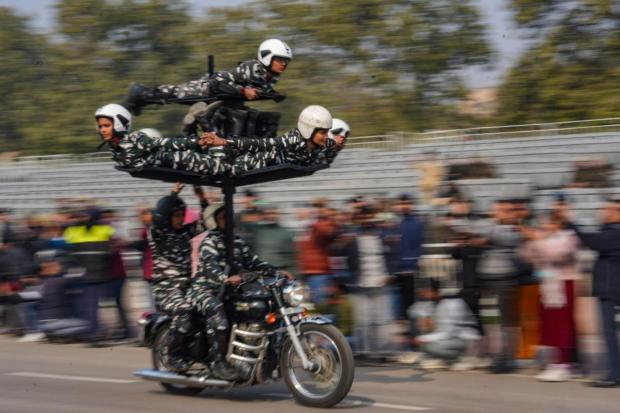 An all-women team of CRPF's 'Daredevils' during rehearsals for the upcoming Republic Day Parade at the Kartavya Path. (Image: PTI)
