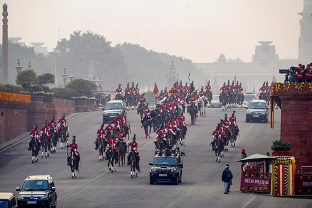 President Droupadi Murmu arrives for the Beating Retreat ceremony at Vijay Chowk on January 29. (Image: PTI)