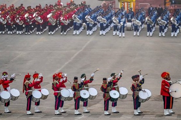 The pipes and drums bands played tunes such as 'Veer Bharat', 'Sangam Dur', 'Kesariya Bana' and 'Deshon ka Sartaj Bharat'. They also made formations of 'Chakravyuh' and 'Vasudhaiva Kutumbakam'. (Image: PTI)