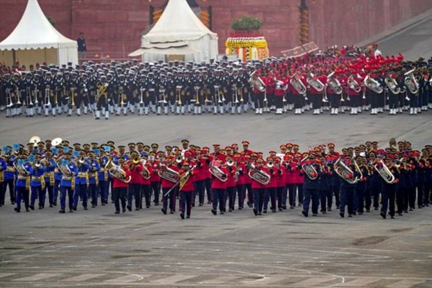 Tri-service bands perform during the Beating Retreat ceremony. (Image: PTI)