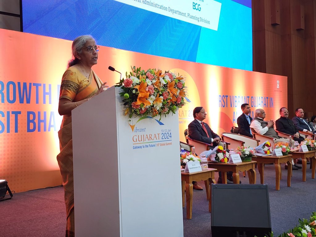Nirmala Sitharaman at Vibrant Gujarat Global Summit 2024 (Image/@nsitharamanoffc)