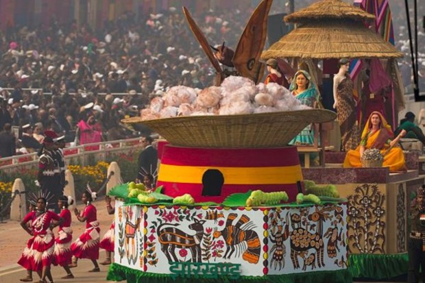 Jharkhand's tableau, highlighted the expertise of tribal women in the creation of Tasar silk. (Image: PTI)