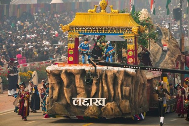 Ladakh’s tableau depicted its developmental strides, with a particular focus on advancing women empowerment. (Image: PTI)