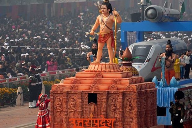Uttar Pradesh tableau showcased an idol of Ram Lalla placed on a temple-like base in the front of the tableau. (Image: PTI)