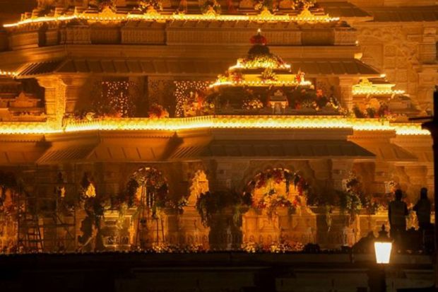 The Ram Mandir in the evening ahead of its consecration ceremony, in Ayodhya, Friday evening. (PTI Photo/Arun Sharma)