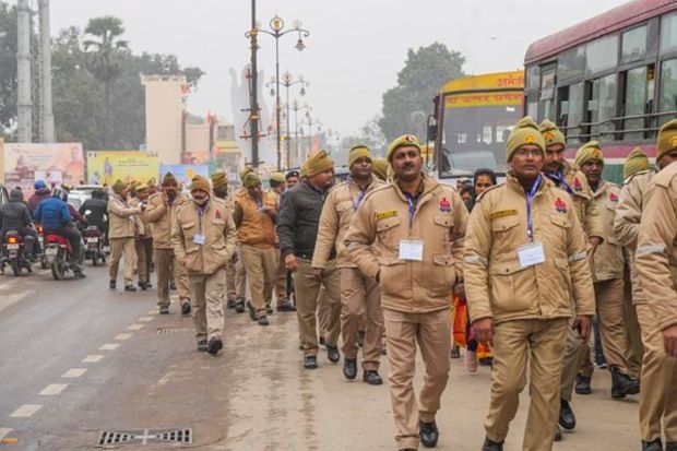 Police personnel patrol ahead of consecration ceremony of Ram Mandir in Ayodhya. (PTI Photo/Nand Kumar) 
