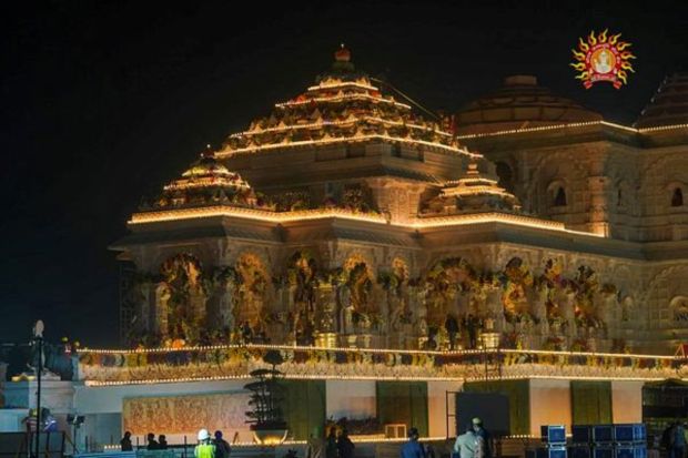 Ram Mandir being decorated with flowers ahead of its consecration ceremony, in Ayodhya, Friday, Jan. 19, 2024. (PTI Photo)