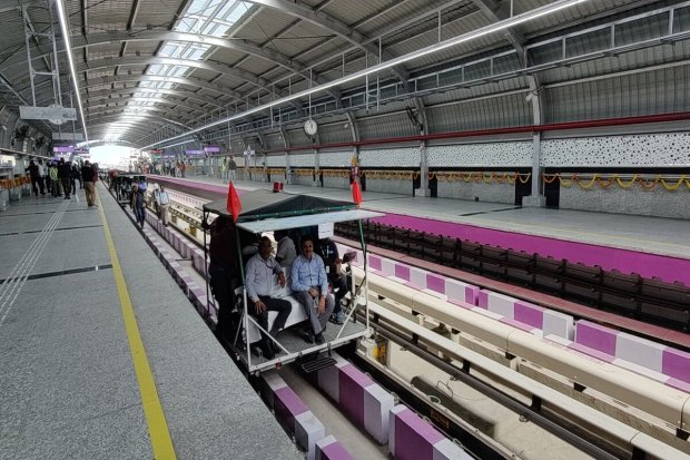 Senior officials inspect Majerhat metro station on the Purple line in a trolley (Image/Kolkata Metro)