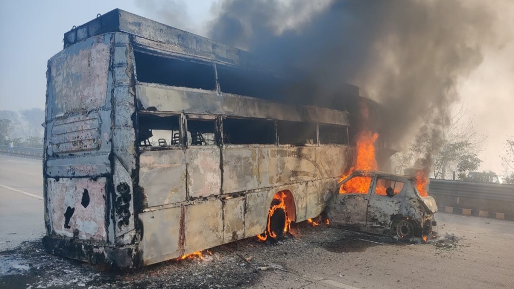 Video | 5 killed as car collides with bus on Yamuna Expressway, catches fire