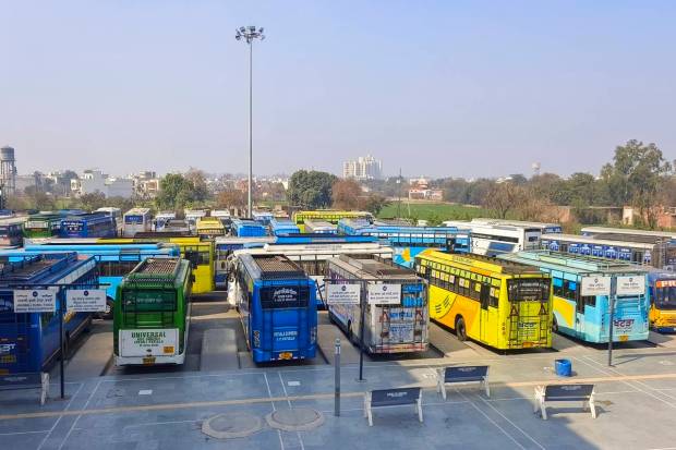 Buses parked at the deserted bus terminal during Samyukta Kisan Morcha's (SKM) Bharat Bandh in support of the protesting farmers, in Patiala. (PTI Photo)
