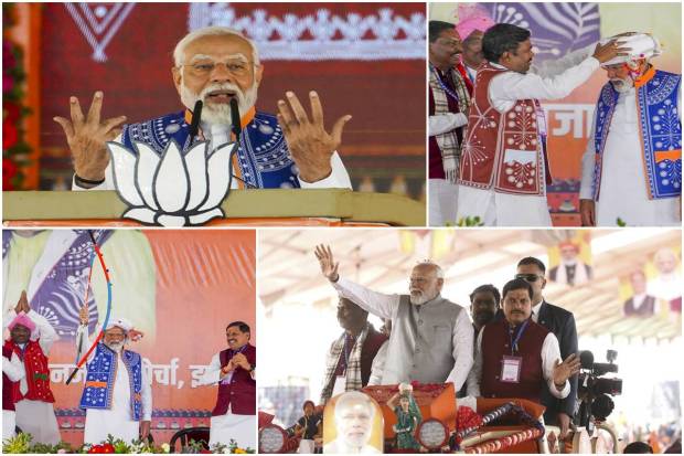 In Jhabua district, Madhya Pradesh, Prime Minister Narendra Modi stressed that he is confident his Bharatiya Janata Party (BJP) will cross the 370 seats-mark in the upcoming Lok Sabha elections 2024.Addressing a public rally on Sunday, he said that even the opposition leaders in Parliament are articulating that the ruling coalition will get more than 400 seats!His 'double engine' government is working with double speed in the state, the PM underlined.Before addressing the rally, he launched Rs 7,550 crore development projects in the state.Recently, the saffron party won the assembly polls in Madhya Pradesh, Rajasthan, and Chhattisgarh with a thumping majority.Here are some pictures from the event. Have a look: