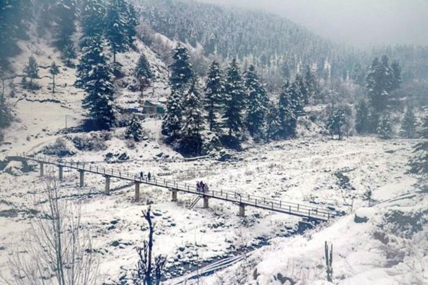 People walk on a bridge amid fresh snowfall, at Tangmarg area of north Kashmir. (PTI Photo)