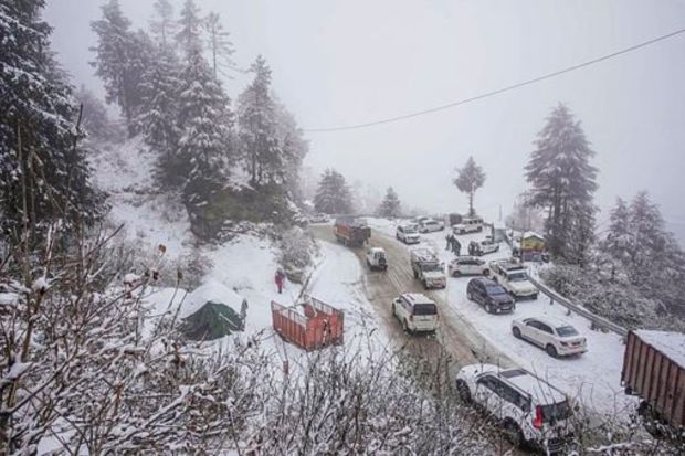 Vehicles move after fresh snowfall at Kufri, near Shimla. (PTI Photo)