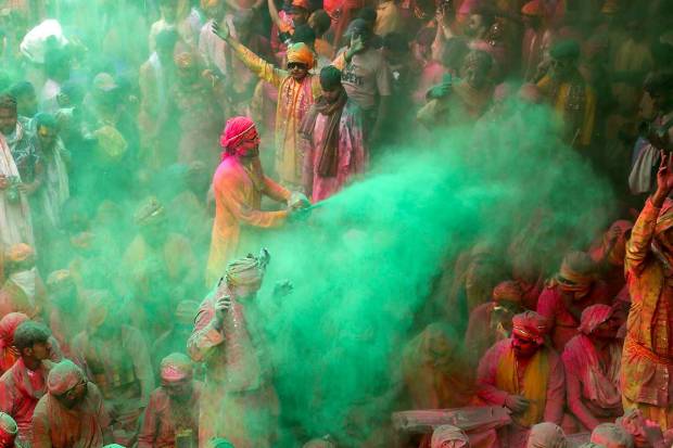 Devotees during Ladoo Holi celebrations at the Sriji temple in Barsana, near Mathura. (PTI Photo)