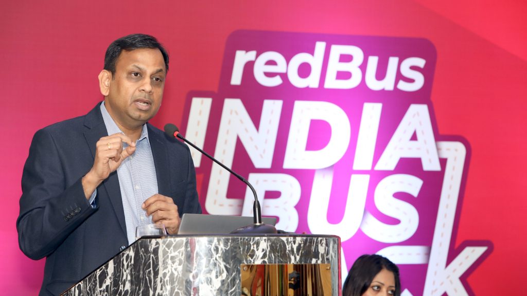 redBus CEO Prakash Sangam at the launch of ' India Bus Track' report in Delhi (Image/FE)
