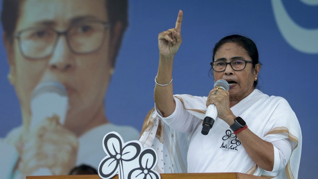 West Bengal Chief Minister and TMC chief Mamata Banerjee speaks during a public meeting in support of party candidate Biplab Mitra, ahead of Lok Sabha elections, at Tapan in South Dinajpur district, Saturday, April 6, 2024. (PTI Photo)