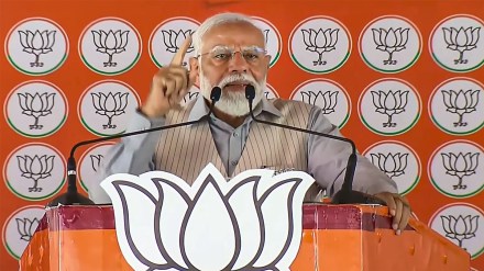 Prime Minister Narendra Modi speaks during a public meeting, ahead of Lok Sabha elections, in Saharanpur, Saturday, April 6, 2024. (PTI Photo)