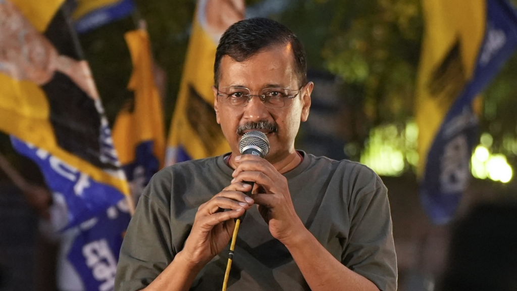 Delhi Chief Minister Arvind Kejriwal addresses supporters outside Tihar Jail after the Supreme Court (SC) granted him interim bail in a money laundering case, amid the ongoing Lok Sabha elections, in New Delhi, Friday, May 10, 2024. (PTI Photo/Atul Yadav)