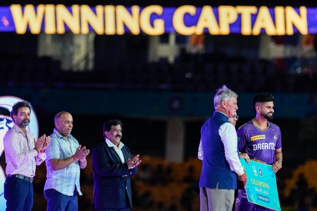 KKR skipper Shreyas Iyer being presented the Champions award by BCCI President Roger Binny during the presentation ceremony after IPL 2024 final match between Kolkata Knight Riders and Sunrisers Hyderabad. KKR's captain made strategic field placements and bowling changes, ensuring constant pressure on SRH and effectively managing the game. (PTI Photo)