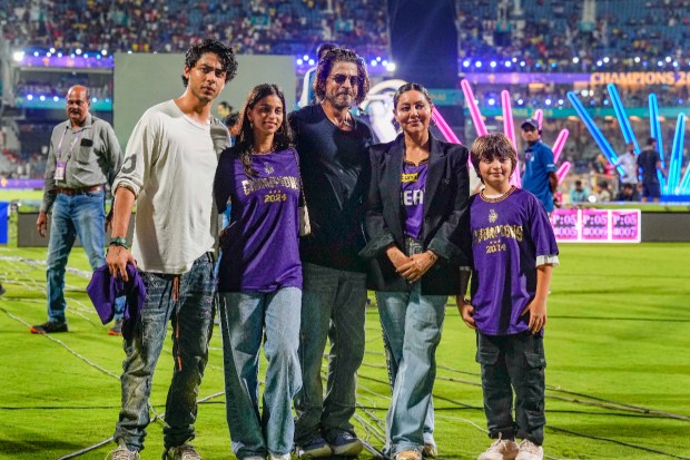 Actor and Kolkata Knight Riders (KKR) co-owner Shah Rukh Khan with wife fauri Khan, sons Aryan Khan, Abram Khan and daughter Suhana Khan during celebrations after his team's victory at Chepauk. KKR chased down the target of 114 runs in just 10.3 overs, highlighting their aggressive approach and clinical execution under pressure. (PTI Photo)