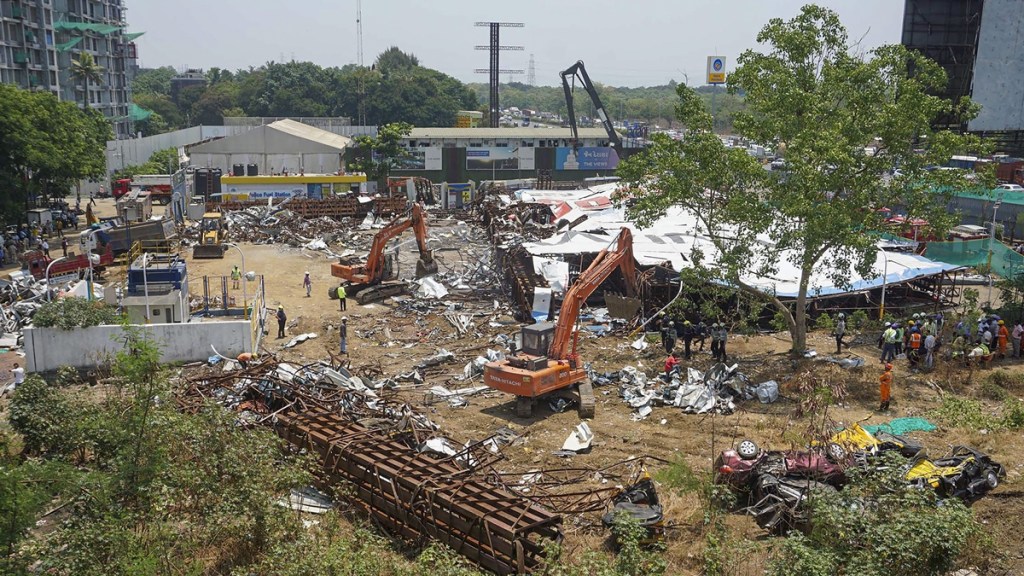 Debris at the site after a 100-foot tall illegal billboard fell on a petrol pump on Monday due to rains and duststorm, in Ghatkopar area of Mumbai, Wednesday, May 15, 2024. At least 14 persons were killed and 76 others injured in the accident, according to officials. (PTI Photo)