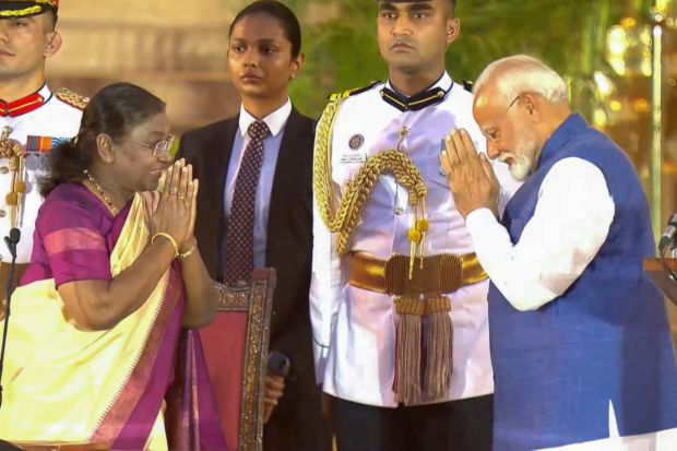 PM-designate Modi greeted President Droupadi Murmu as he arrived to take oath for the third consecutive term at Rashtrapati Bhavan on Sunday, June 9.(Photo: PTI)