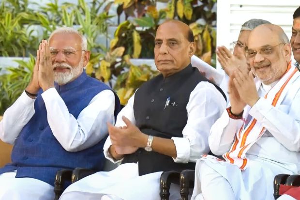 PM-designate Narendra Modi, accompanied by Rajnath Singh and Amit Shah, was at Rashtrapati Bhavan on Sunday, June 9, ahead of the oath-taking ceremony for his third consecutive term as prime minister in New Delhi.(Photo: PTI)
