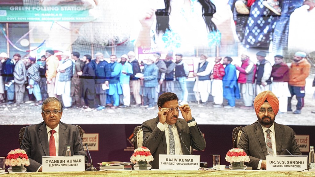 Chief Election Commissioner of India Rajiv Kumar with Election Commissioners Gyanesh Kumar and Dr. S.S. Sandhu during a press conference, in New Delhi, Monday, June 3, 2024. (PTI Photo/Manvender Vashist Lav)