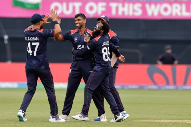 United States' Saurabh Nethralvakar, second left, celebrates with teammates after the dismissal of India's Virat Kohli during the ICC Men's T20 World Cup cricket match between United States and India at the Nassau County International Cricket Stadium in Westbury. (AP/PTI)
