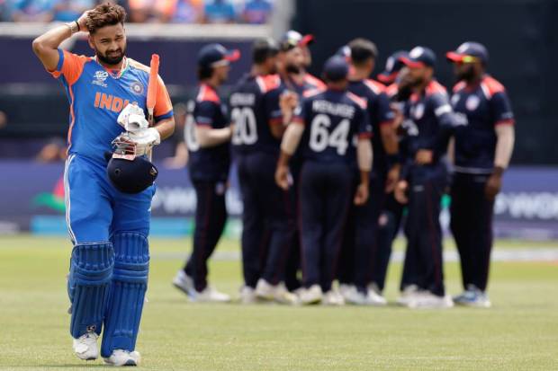 India's Rishabh Pant reacts as he walks off the field after losing his wicket during the ICC Men's T20 World Cup. (AP/PTI)