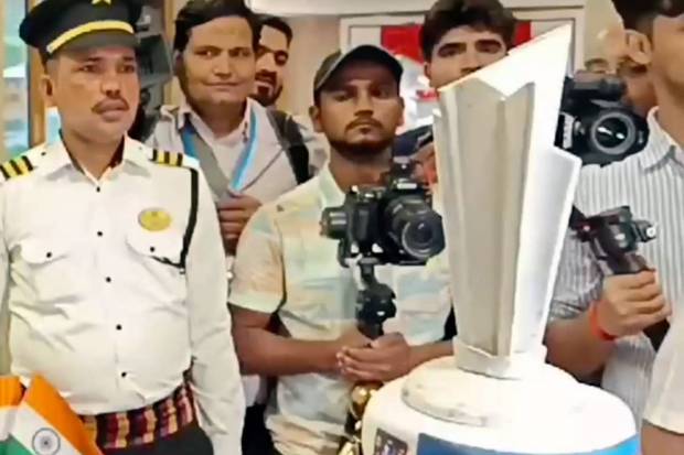 A special cake made by chefs of ITC Maurya hotel for the T20 World Cup-winning Indian team, in New Delhi. (PTI)