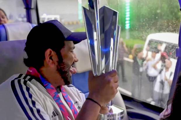 Indian cricket team captain Rohit Sharma at New Delhi airport, Thursday, July 4, 2024. Indian cricket team on Thursday returned home after winning the ICC Men's T20 World Cup 2024. (PTI)